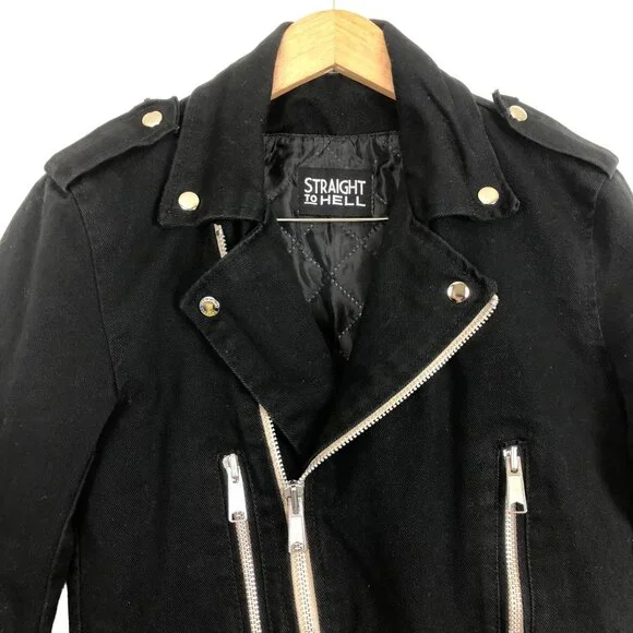 Straight To Hell Vincent Black Denim Moto Punk Jacket Sz 34 Zippers Epaulets